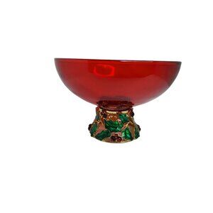 vintage teleflora gift red holly heavy pedestal glass bowl